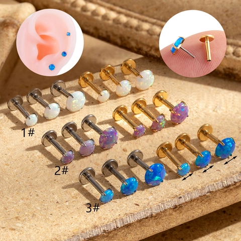 Opal Labret Studs Stainless Steel Flat Back Ear Cartilage Piercing Jewelry Unisex Minimalist Round Stone Accessory