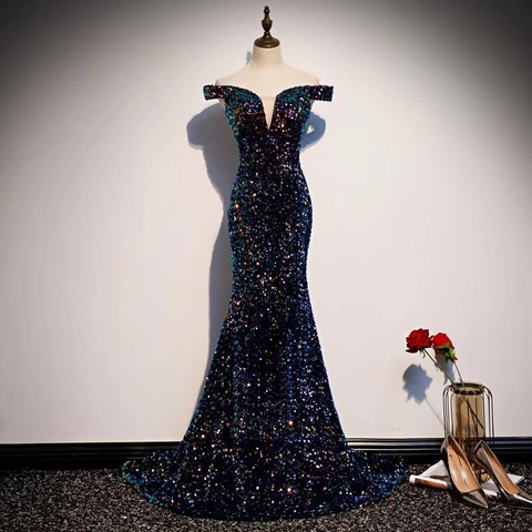 Sequin Evening Gown Off The Shoulder Deep V Neck Mermaid Silhouette Polyester Formal Party Dress For Women Elegant