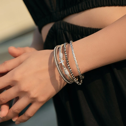 Bohemian Multi Layer Wrap Bracelet With Leather Woven Rope Alloy Cross Pendant Rhinestone Beads And Magnetic Clasp