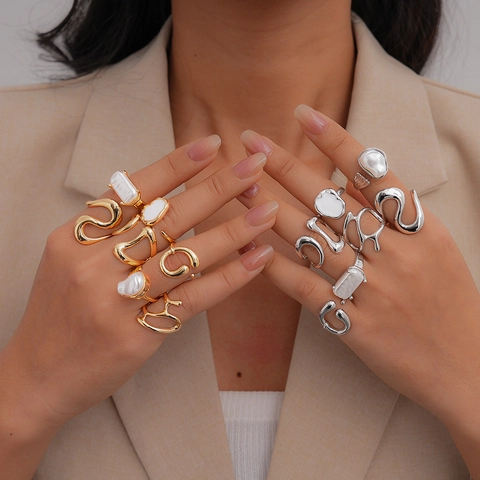 Irregular Geometric Rings Alloy Faux Artificial Pearl Enamel Adjustable Open Stackable Modern Minimalist Ins Style Jewelry For Women