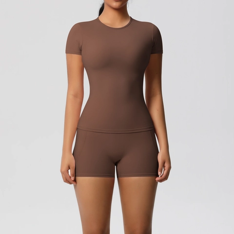 Damen Yoga Kurzarm Oberteil Und Taschen Shorts Nylon Elasthan Einfarbig Atmungsaktiv Schnelltrocknend Fitness Gym Kleidung