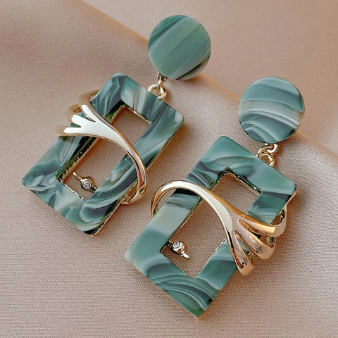 Vintage Geometric Square Drop Earrings Green Marble Acrylic Alloy Rhinestone With 925 Sterling Silver Earring Post Women