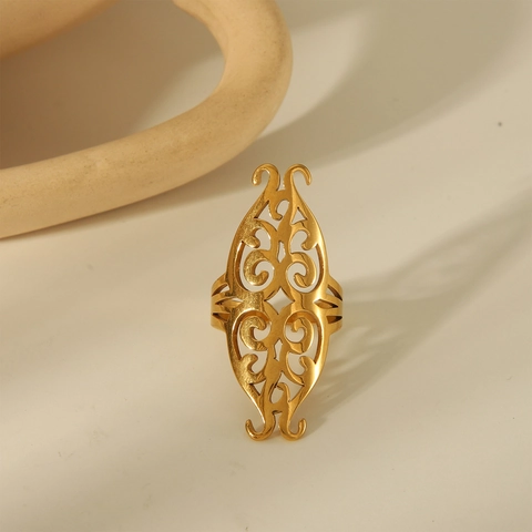 Vintage Hollow Out Geometric Stainless Steel Open Ring For Women 18K Gold Plated Niche Design Filigree Adjustable Finger Ring Jewelry Gift
