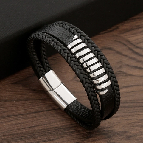 Men Multi Layer Braided Leather Bracelet With Stainless Steel Magnetic Buckle Vintage Fashion Jewelry Hand Accessory Black