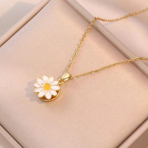 Sunflower Rotating Pendant Necklace And Daisy Flower Ring Titanium Steel Alloy Enamel Jewelry For Women Girls Gift