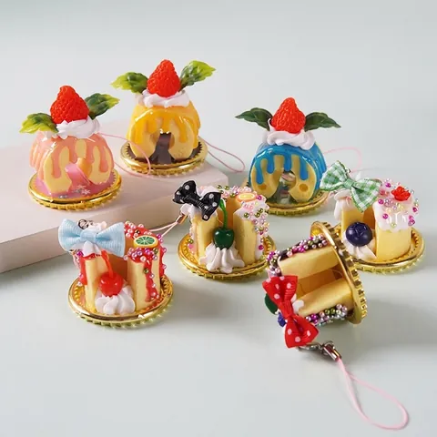 Mini Simulation Cake Pendants Cute PVC Resin Dessert Charms With Fruit Cream Bow For Bag Phone Keychain Decor