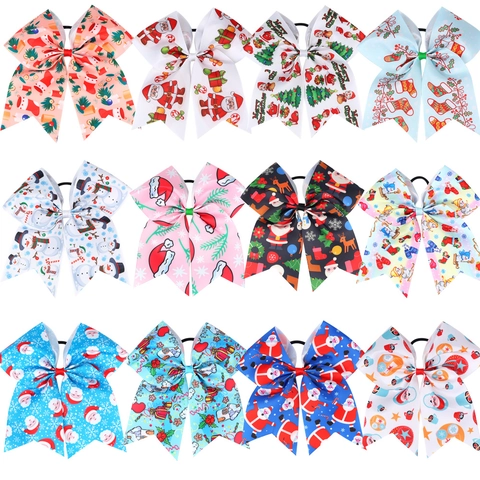 Christmas Grosgrain Ribbon Large Bow Hair Ties Snowman Santa Print Elastic Ponytail Holders Girls Holiday Accessories