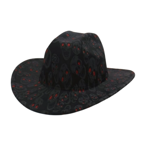 Western Cowboyhut Polyester Totenkopf Print Rot Pailletten Auge Halloween Party Gothic Retro Breitkrempiger Mode Accessoire