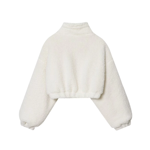 Women's Casual Fleece Jacket Stand Collar Zipper Short Baseball Outerwear Solid White Lamb Wool Coat With Drawstring
