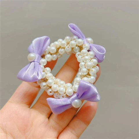 Lindo Coletero De Perlas Artificiales Con Lazo De Tela Gomas Elásticas Para Pelo Niñas Estilo Coreano Soporte De Coleta Dulce