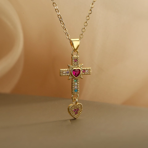Collana Con Pendente A Croce In Rame Placcato Oro Vintage Con Pietra A Cuore In Zircone Colorato Per Donne Gioielli