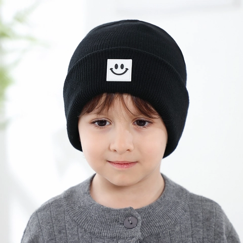 Soft Acrylic Knitted Beanie Hat For Toddlers Children Warm Winter Cap With Smiley Face Patch Folded Brim