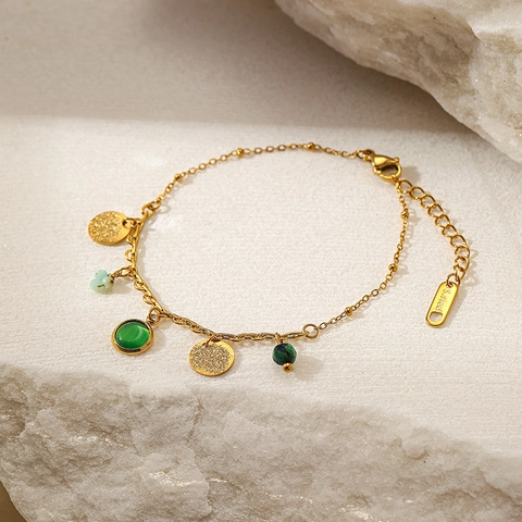 Pulsera Bohemia de Acero Inoxidable Chapada en Oro de 18K con Piedra Natural Verde para Mujer Joyería Ajustable con Dije de Círculo Geométrico Vintage