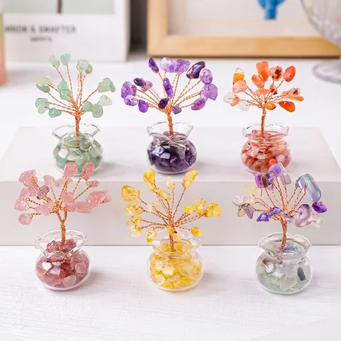 Natural Crystal Money Tree Handmade Copper Wire Wrapped Gemstone Tree Of Life Desktop Decor Feng Shui Healing Ornament