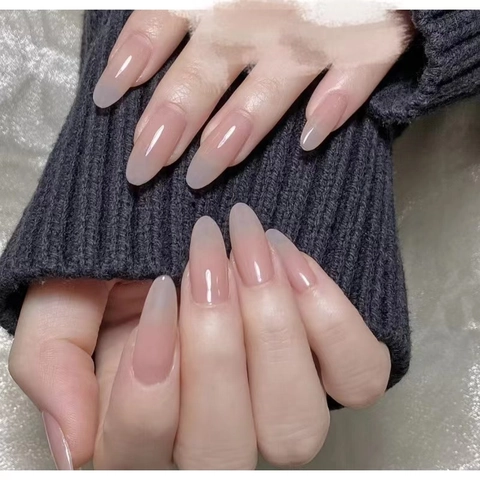 Handmade Glossy Nude Pink Gradient Press On Nails Jelly Texture Long Coffin Almond Shape Artificial Fake Nails For Women