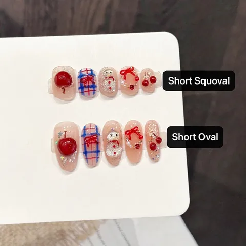 Handmade Christmas Press On Nails 3D Snowman Red Bow Plaid Pattern Glitter Short Squoval Oval Fake Nails Festive Winter Manicure Women