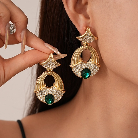 Orecchini Vintage Barocchi In Lega Dorata Con Pietra Verde E Strass Perno In Argento Sterling 925 Per Donna