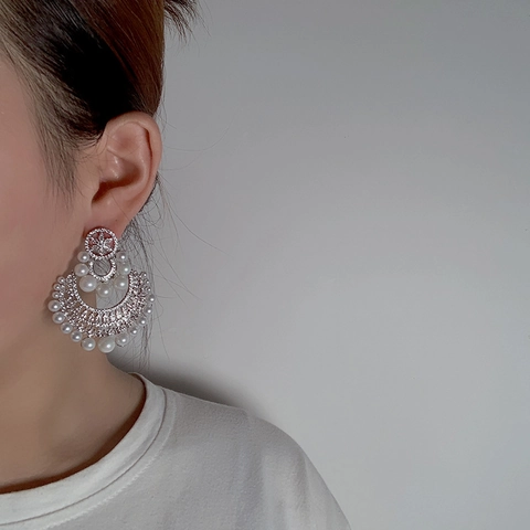 Retro Round Artificial Pearl Drop Gold Plated Alloy Zircon Luxury High End Style With Silver Earring Post Jewelry For Women