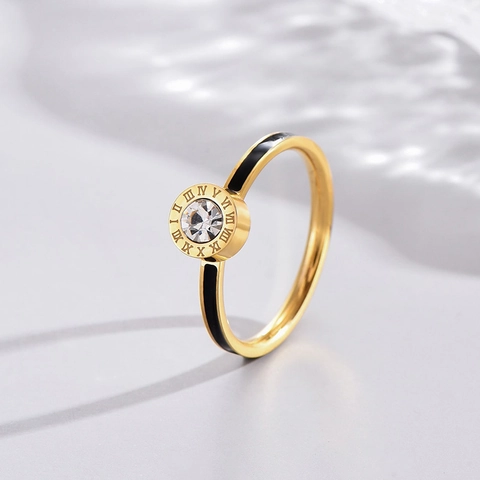 Anello In Acciaio Inossidabile Numeri Romani Placcato Oro Smalto Nero Zirconia Gioielli Moda Accessorio Dito