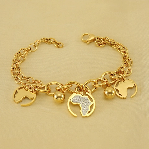 Pulsera De Charms Mapa De África Acero Inoxidable Chapado En Oro De 18K Doble Cadena Joyería Para Mujer