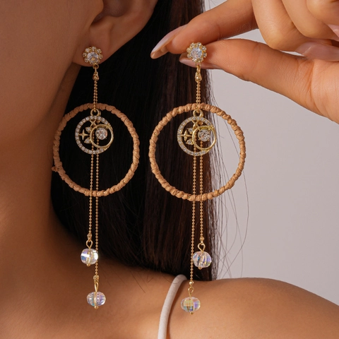 Boheemse Kwastjes Oorbellen Legering Zirkoon Ster Maan Hanger Geweven Papieren Touw En 925 Sterling Zilveren Oorsteker