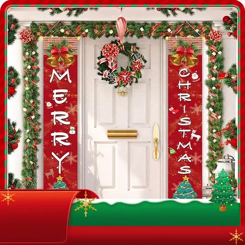 Merry Christmas Door Banners Vertical Hanging Porch Sign Polyester Fabric PVC Pole Festive Holiday Home Wall Decor
