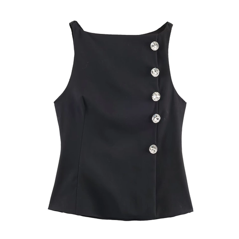 Women Slim Fit Sleeveless Tank Top Elegant Solid Black With Rhinestone Buttons Decorative Back Zipper Party Wear