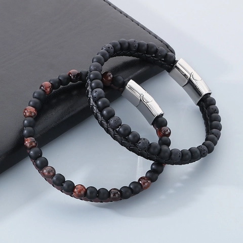 Bracciale Doppio Strato Uomo Pelle Intrecciata Perline Occhio Di Tigre Agata Acciaio Inossidabile Chiusura Magnetica Gioielli
