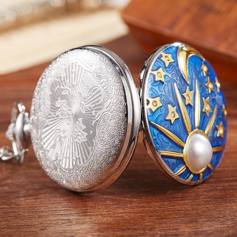 Vintage Enamel Sun Moon Star Pocket Watch For Women Men Quartz Movement Alloy Chain Necklace Watch With Rhinestone Pearl Accents