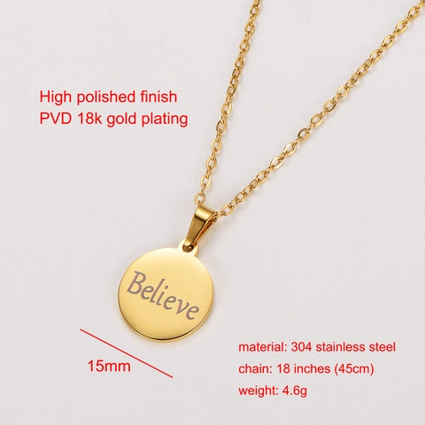 Believe Engraved Round Pendant Necklace 304 Stainless Steel 18K Gold Plated Minimalist Jewelry Gift For Women