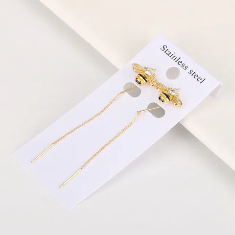 Bee Long Chain Ear Threaders Earrings With Zircon Wings Copper Gold Plated Stainless Steel Earring Post For Women