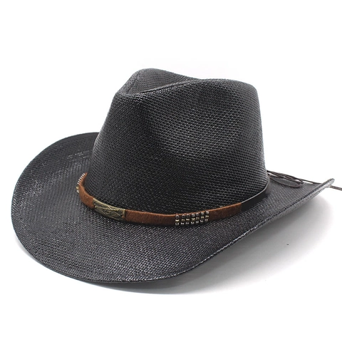 Western Cowboy Hat Woven Straw Wide Brim Sun Protection Outdoor Travel Beach Vintage Ethnic Style For Women Men