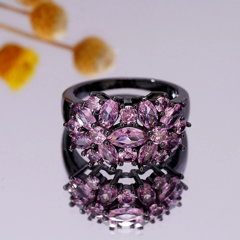 Flower Cluster Ring Copper Cubic Zirconia Marquise Cut Black Gold Plated Elegant Jewelry For Women