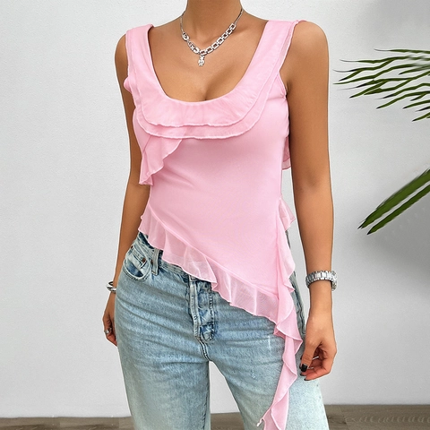 Women Mesh Ruffle Asymmetrical Camisole Top Sleeveless U Neck Solid Color Y2K Slim Fit Trendy Vest