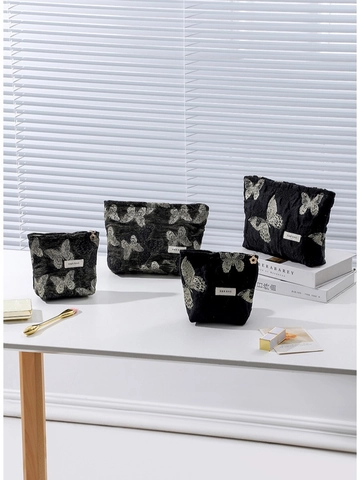 Butterfly Jacquard Cosmetic Bag Makeup Pouch Large Capacity Toiletries Organizer With Flower Zipper Pull For Women Elegant