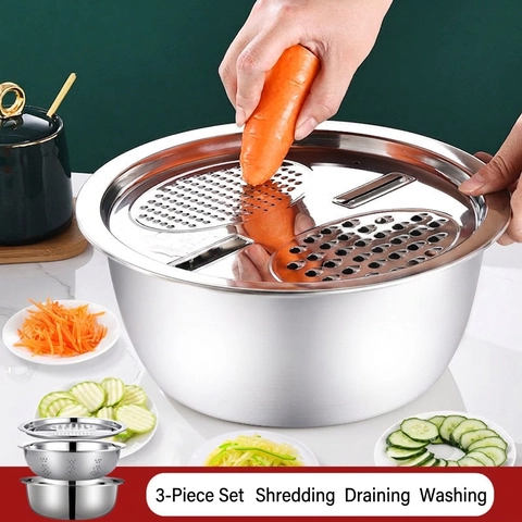 Stainless Steel Multi Functional Vegetable Grater Basin Slicer Shredder Mixing Bowl Drain Basket Kitchen Cooking Tool