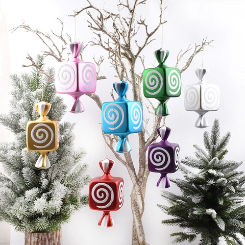 Decorazioni Appese Caramelle Di Natale Plastica Galvanizzata Quadrata Torta Con Glitter A Spirale Bianchi Per Albero
