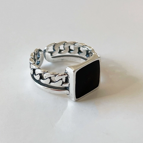 925 Sterling Silver Ring Square Black Enamel Top Cuban Link Chain Retro Punk Adjustable Open Finger Jewelry For Men