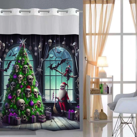 Shower Curtain Waterproof Polyester Waffle Fabric Hookless Snap In Liner Mesh Window Gothic Christmas Skull Winter House