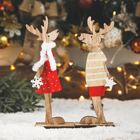 Figura De Reno De Navidad De Madera Adorno De Escritorio Reno Pintado Con Lunares Y Rayas Con Bufanda De Felpa Decoración Hogar