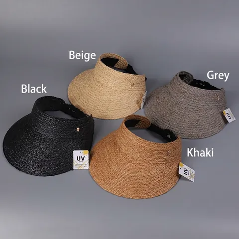 Raffia Sun Visor Hat Women Wide Brim UV Protection Breathable Adjustable Empty Top Straw Cap Outdoor Summer