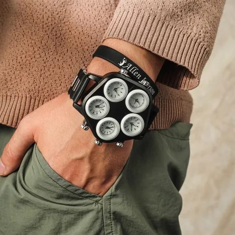 Men Quartz Watch Large Dial Five Time Zones Multi Functional Punk Hip Hop Fashion Wristwatch With Silicone Strap