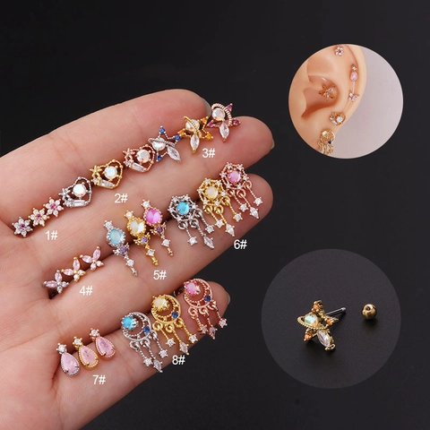 Cartilage Stud Earrings With Stainless Steel Earring Post Copper Colorful Zircon Screw Ball Helix Piercing Jewelry For Women