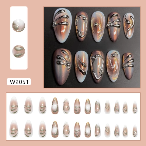 Uñas Postizas Con Relieve Metálico 3D Degradado Irregular Ojo De Gato Forma Almendra Estilo Dulce Mujer