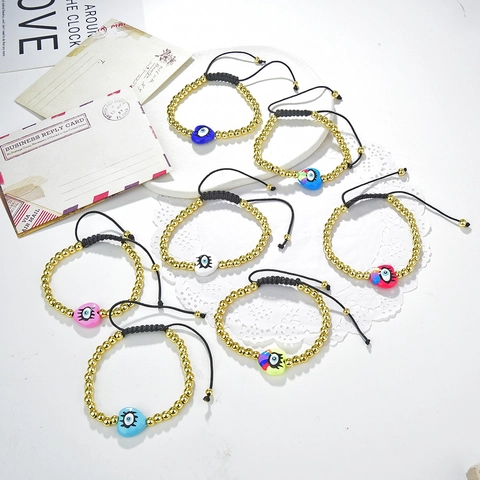 Evil Eye Heart Bracelet 18K Gold Plated Copper Beads Enamel Resin Hand-Woven Adjustable Rope Bohemian Jewelry For Men Women