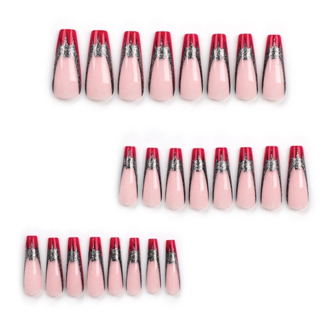 Unghie Finte Lunghe Coffin Halloween Motivo Pipistrello Rosso Nero Glitter Gothic