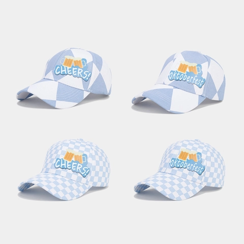 Baumwolle Baseballkappe Blau Weiß Kariert Verstellbarer Hut Für Oktoberfest Party Bierkrug Stickerei Cheers