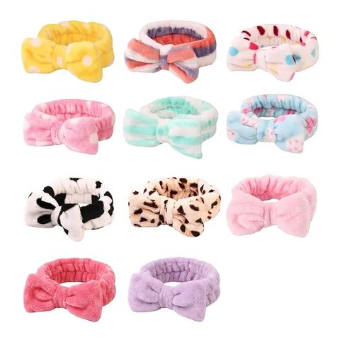 Bow Headband Coral Fleece Plush Soft Elastic Hair Band For Face Washing Makeup Skincare Spa Shower Bath Cute For Women Girls