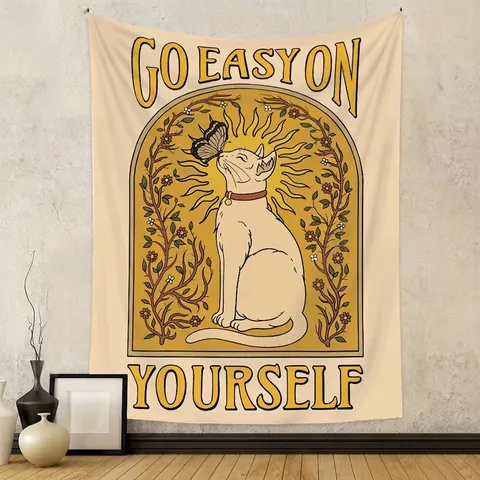 Vintage Cat Tarot Tapestry Polyester Wall Hanging Bohemian Mystical Astrology Sun Moon Home Decor For Bedroom Living Room