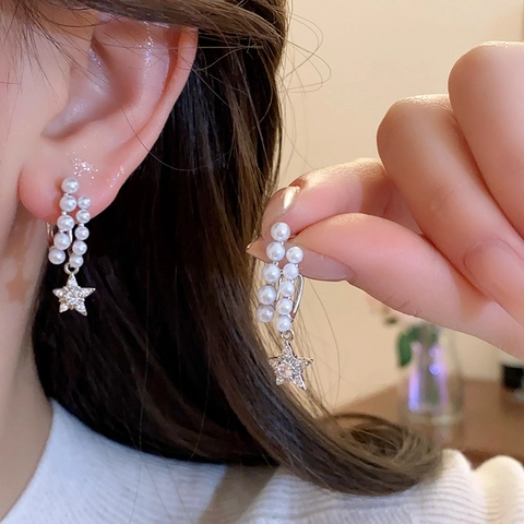 Pendientes De Aro Y Gota Geométricos Con Poste De Plata Esterlina 925 Perla Artificial Zircón Estrella Decoración Chic Para Mujer